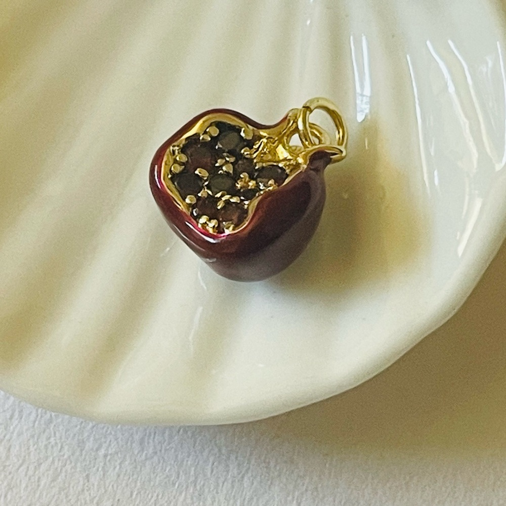 Gold Red Pomegranate Pendant Charm with enamel and rhinestones